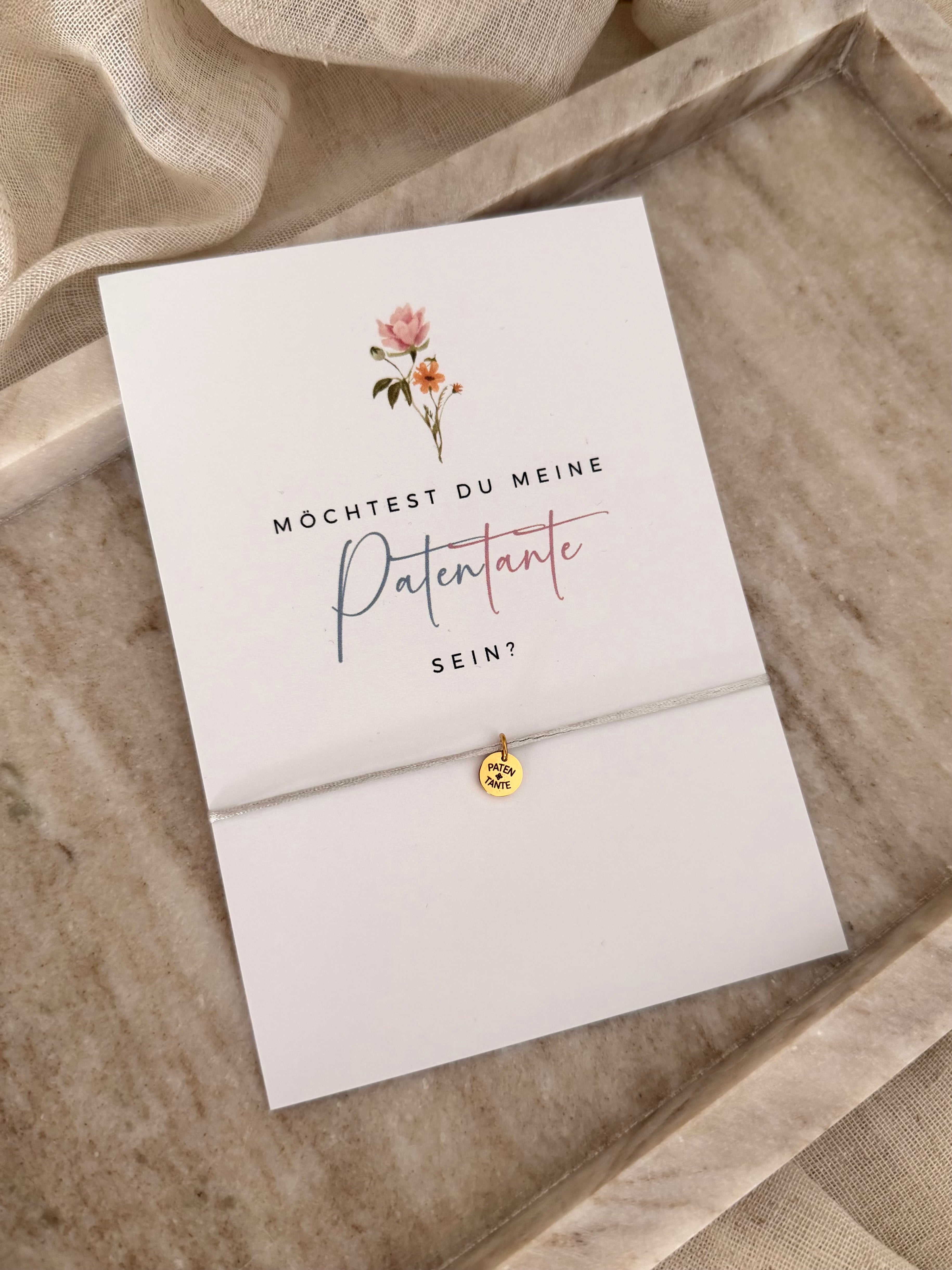 Geschenkset: Patentante fragen - Karte und Armband mit Gravur