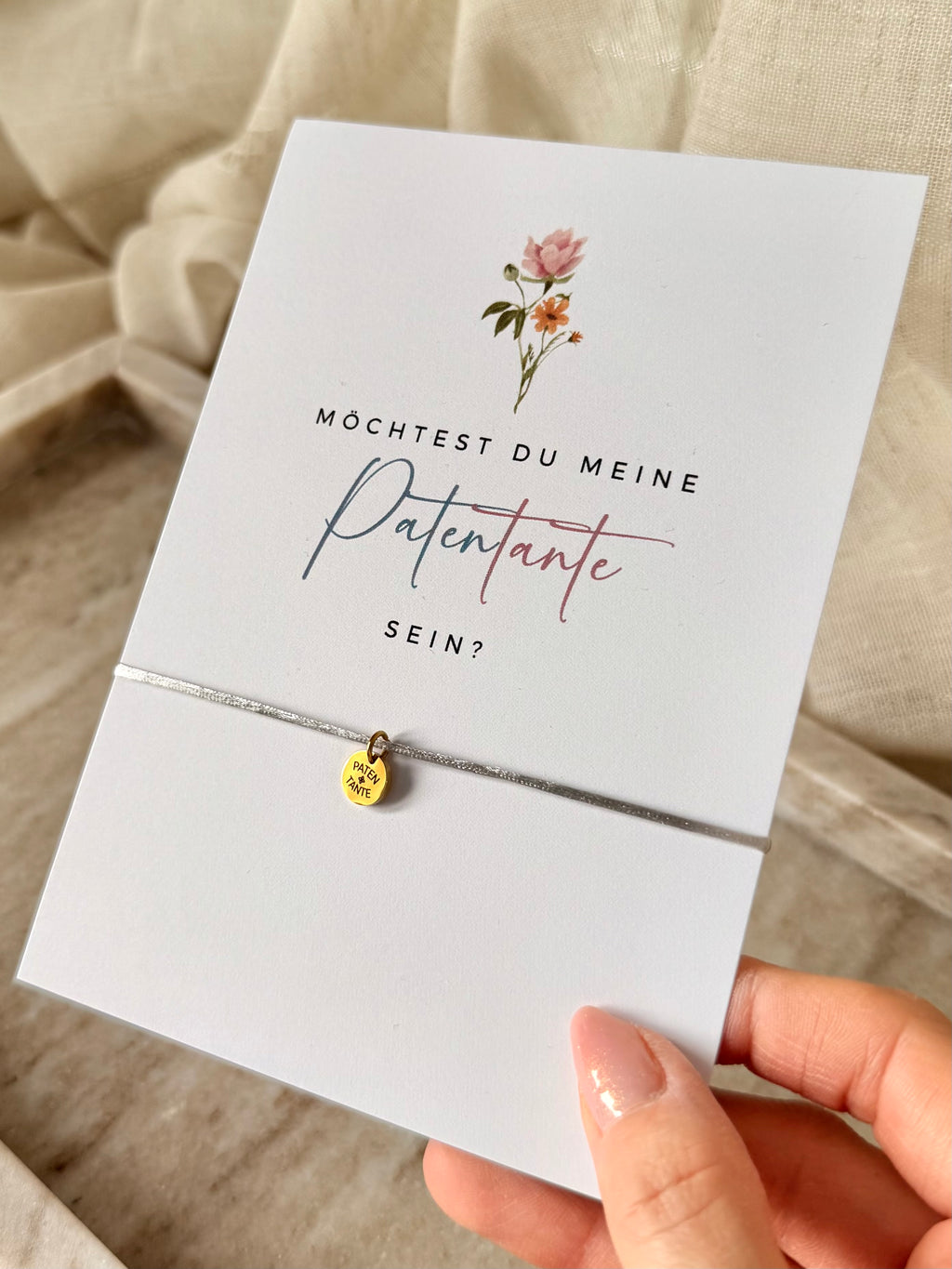 Geschenkset: Patentante fragen - Karte und Armband mit Gravur