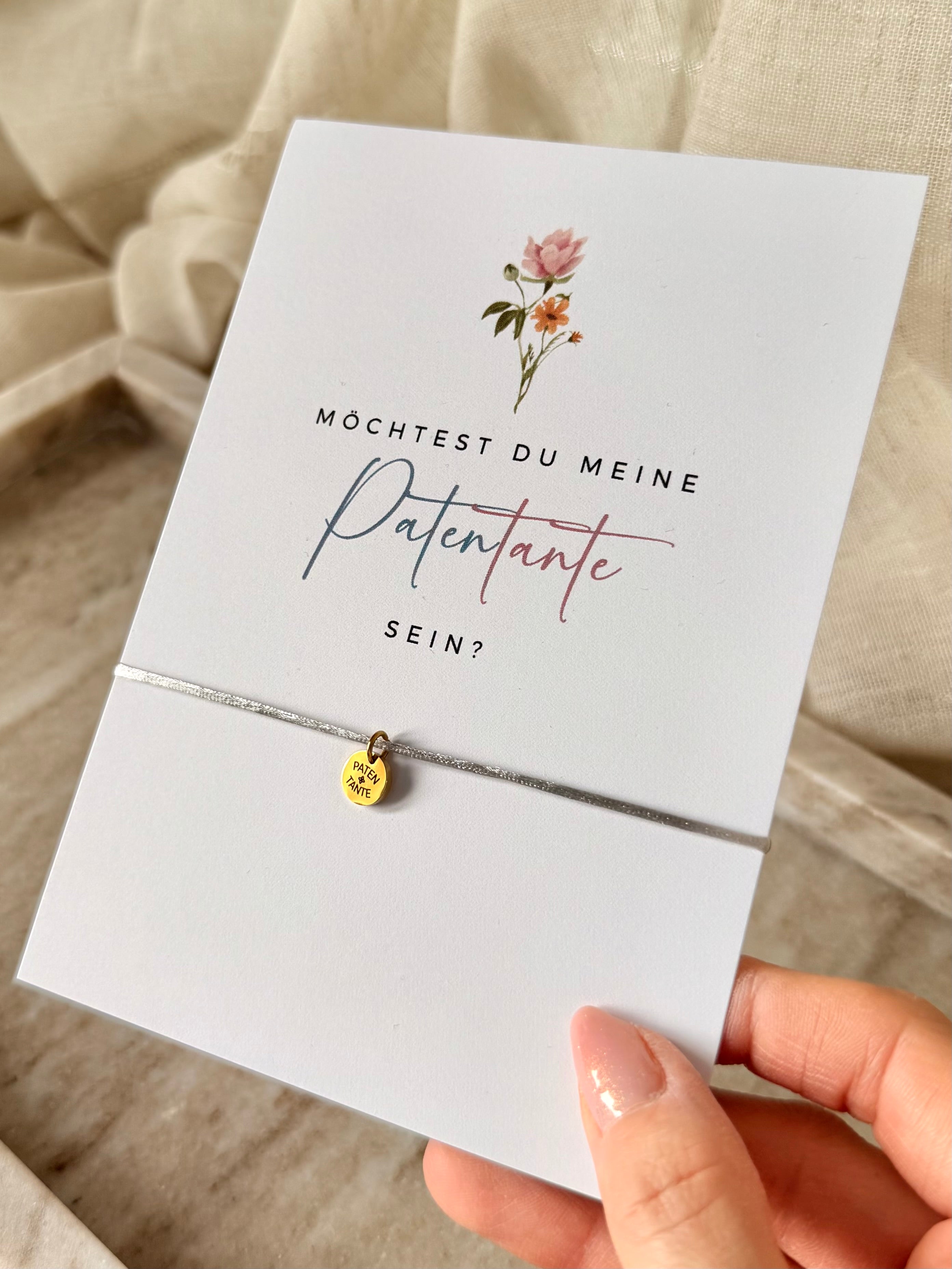 Geschenkset: Patentante fragen - Karte und Armband mit Gravur