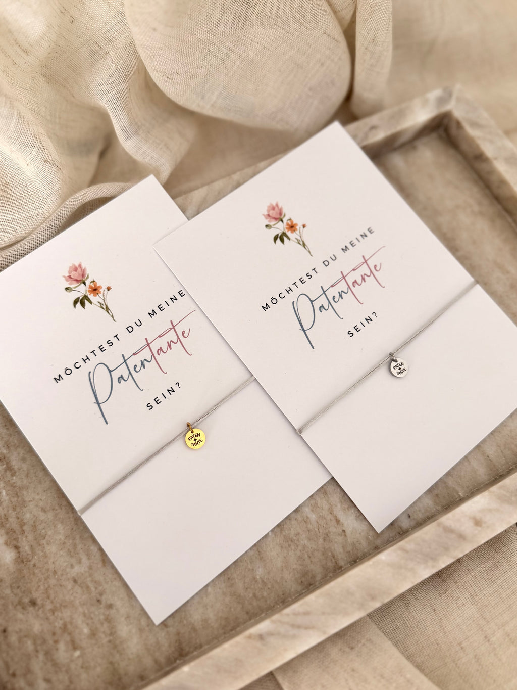 Geschenkset: Patentante fragen - Karte und Armband mit Gravur